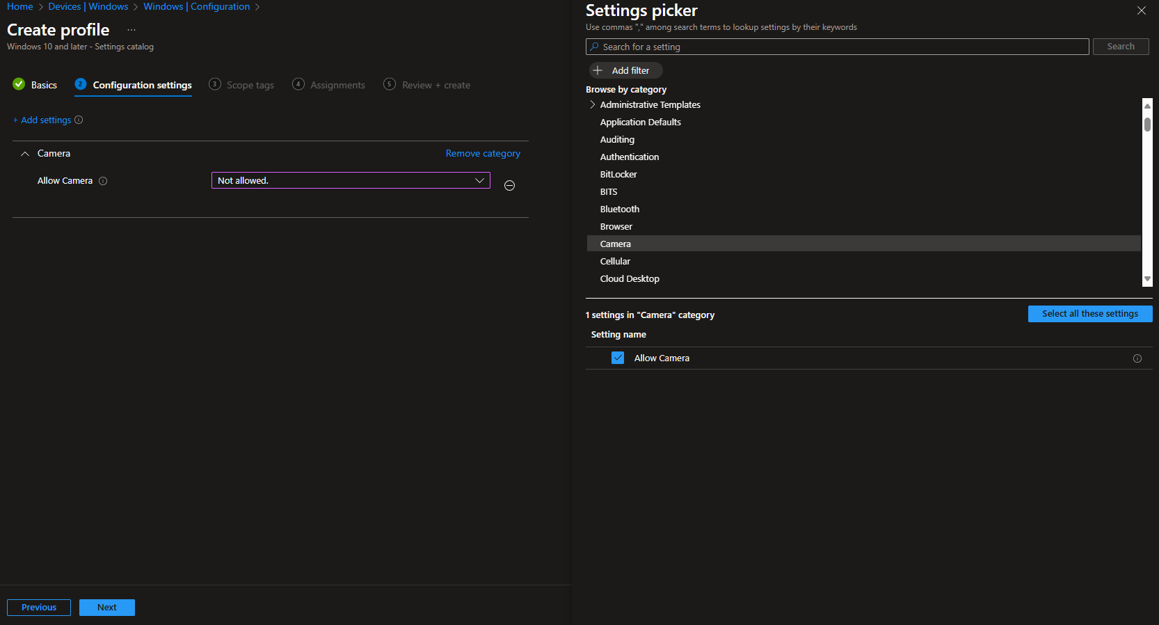 Configuring Allow Camera setting in Intune
